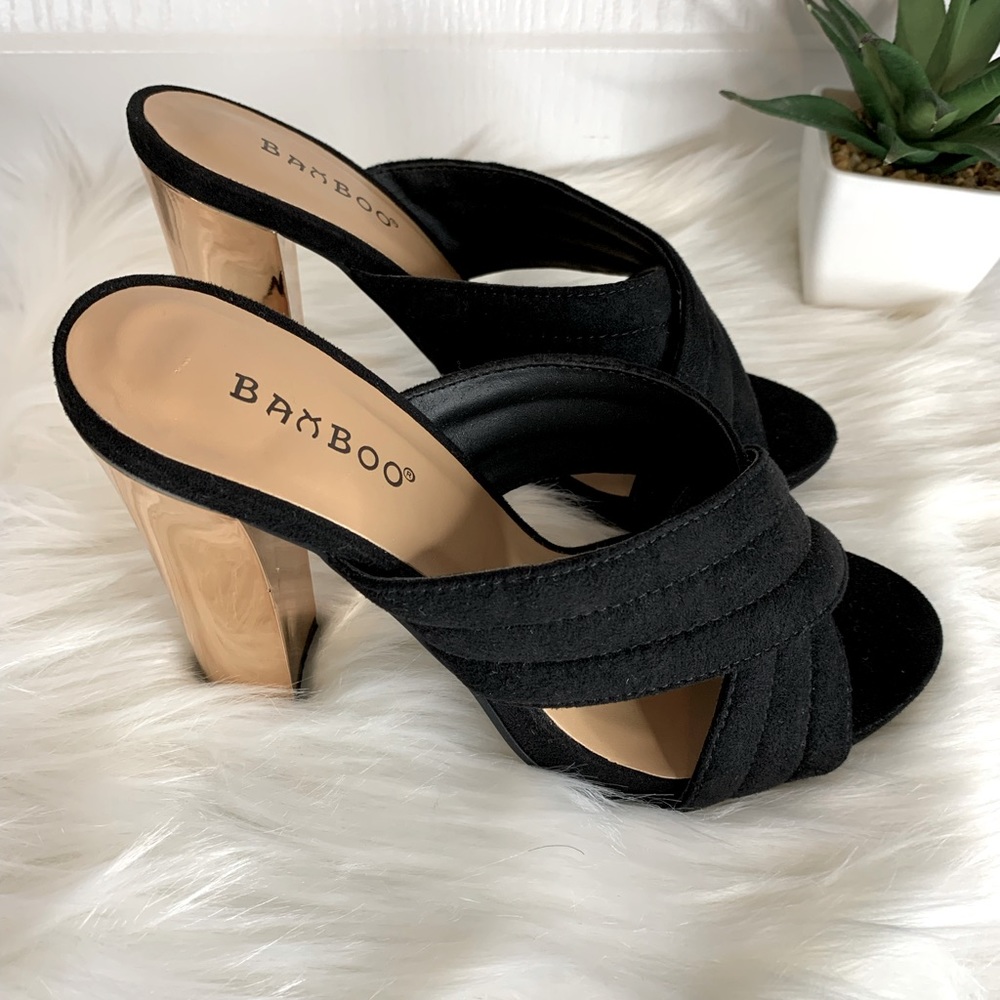 Black Suede Mule Block Sandal Gold Heels With Modern Cross Design